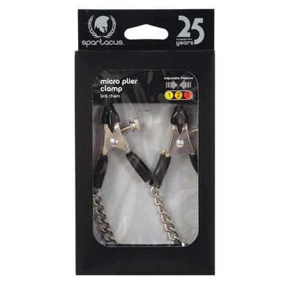 Packaging for the Adjustable Micro Plier Nipple Clamps w/Link Chain proudly marks 25 amazing years. The predominantly black design includes a clear section showcasing the product and chain, with adjustable clamps featuring coated tips.