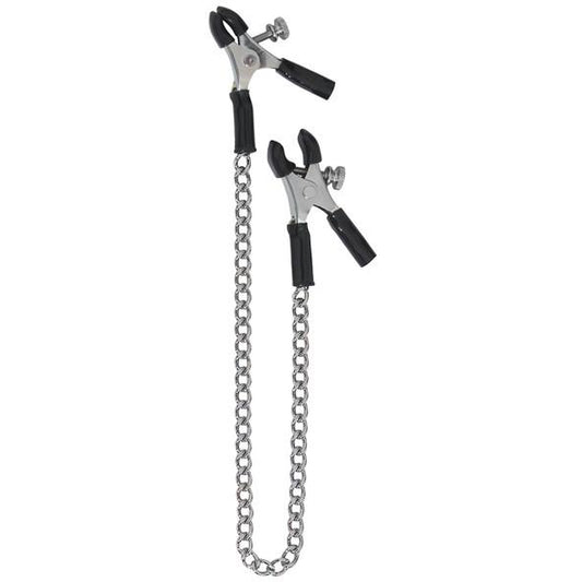 The Adjustable Micro Plier Nipple Clamps w/Link Chain feature adjustable black-coated tipped clamps with screws for precise tension and are linked by an elegant silver chain.