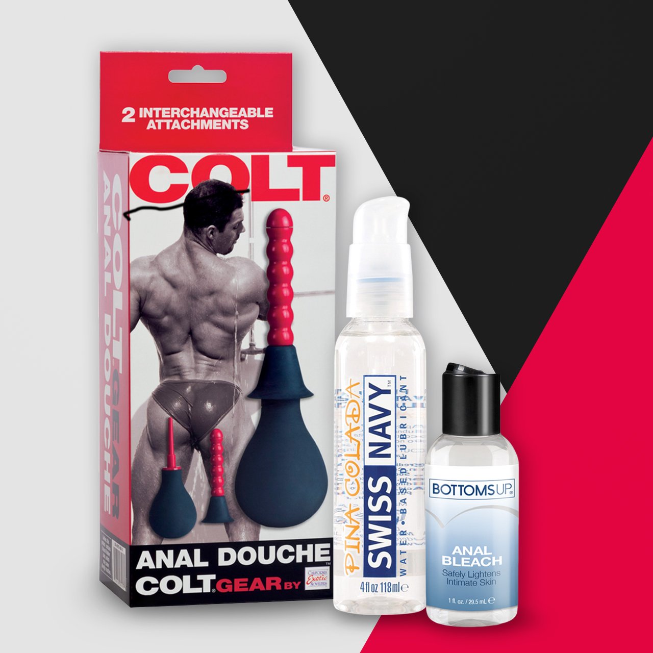 The image displays packaging and three personal care items, including Adams Toy Boxs Anal Blaster Cleanup Kit with two attachments, Swiss Navy lubricant, and anal bleaching cream. A color-blocked red, black, and gray background completes the scene.