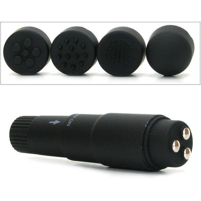 The Anal Fantasy Collection Anal Adventure Kit by Pipedream includes a black handheld percussion massager with an on/off button, four interchangeable textured round attachments, and a sleek mini-vibe for comprehensive relaxation and varied massage effects.