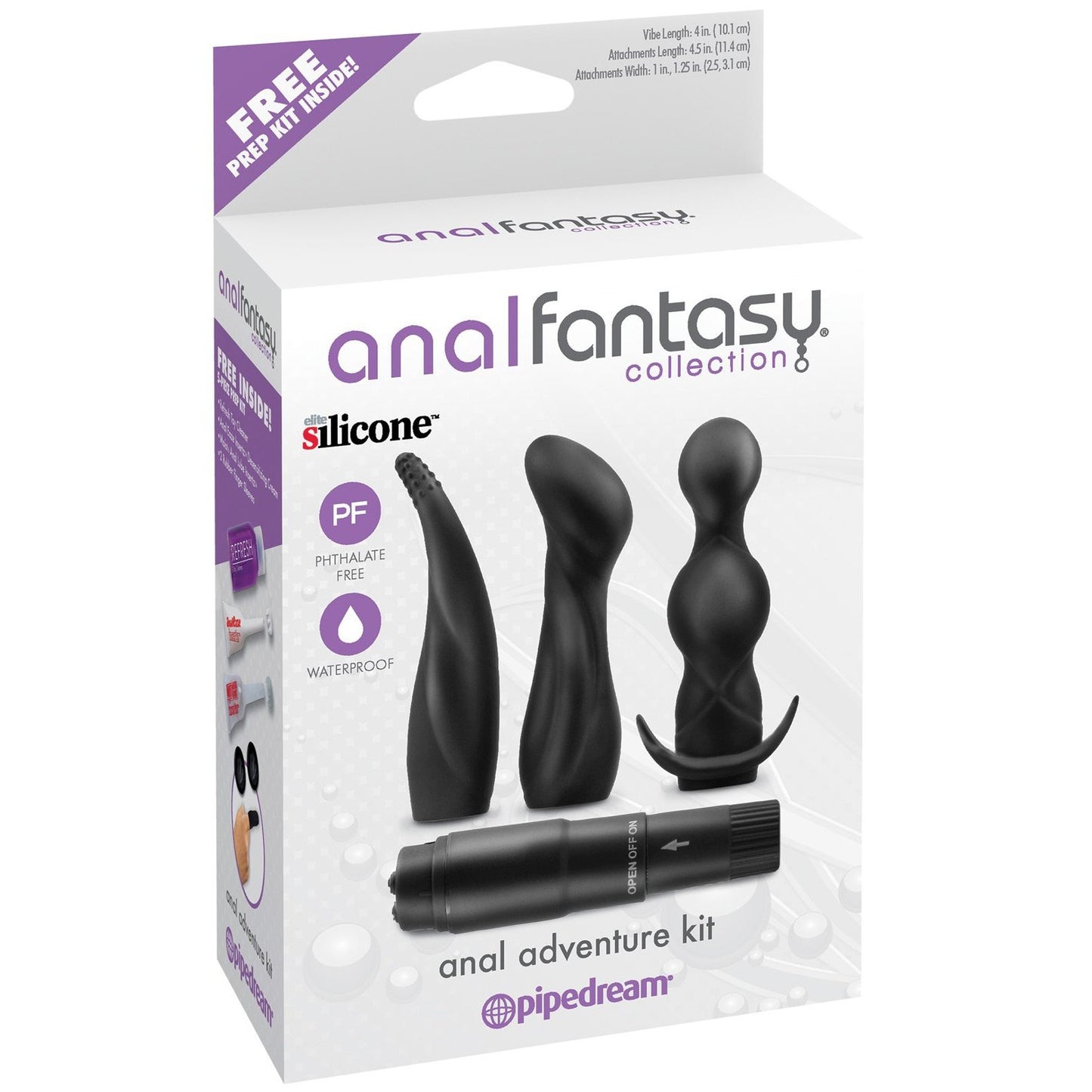 Box titled Anal Fantasy Collection Anal Adventure Kit by Pipedream featuring black silicone anal toys, a plug, probe, anal desensitizing cream, and preparation kit. Packaging highlights phthalate-free and waterproof features.