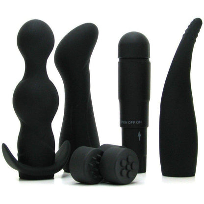 Introducing the Anal Fantasy Collection Anal Adventure Kit by Pipedream: a sleek black silicone set featuring a beaded plug, curved massager, classic vibrator, and two small textured attachments. Perfect for exploration and excitement.
