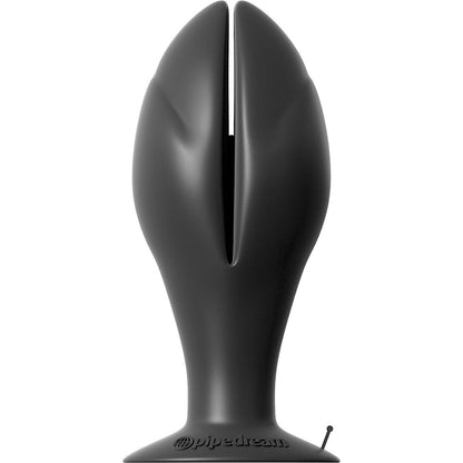 The Anal Fantasy Collection Mega Insta Gaper by Adams Toy Box is a sleek, black plug-shaped toy featuring a split design that gently opens at the top and narrows towards the base. Made from Elite silicone, it has a smooth matte finish and a flat bottom for added stability.