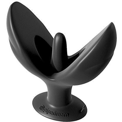 The Anal Fantasy Collection Mega Insta Gaper by Adams Toy Box is a black silicone anal plug featuring a unique flower-like design and an embossed base, combining style and comfort.