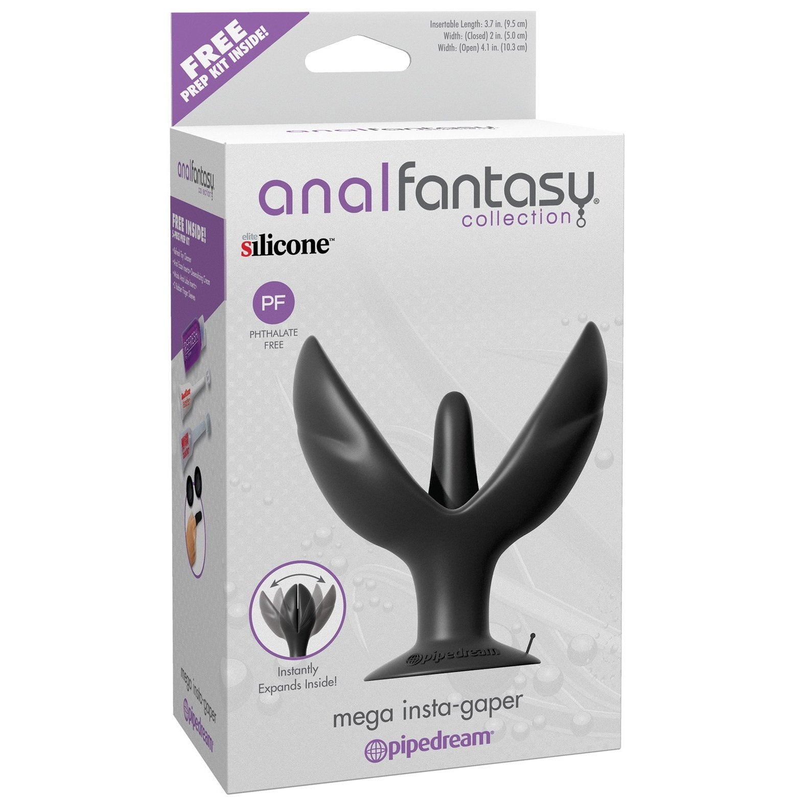 The Anal Fantasy Collection Mega Insta Gaper by Adams Toy Box features a sleek, black elite silicone design. The product box highlights it as phthalate-free and includes a complimentary prep kit.