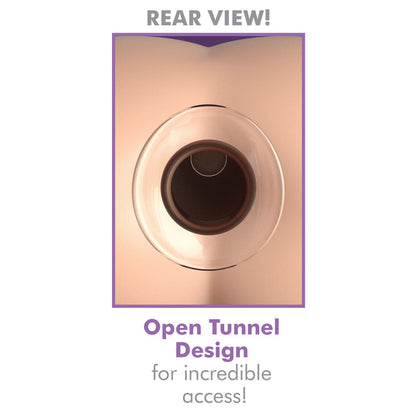 Circular rear view of the Anal Fantasy Elite Mega Anal Glass Gaper, surrounded by a light peach background. Text above: REAR VIEW! Below: Borosilicate glass tunnel for incredible access, perfect for temperature play! Brand: Anal Fantasy.