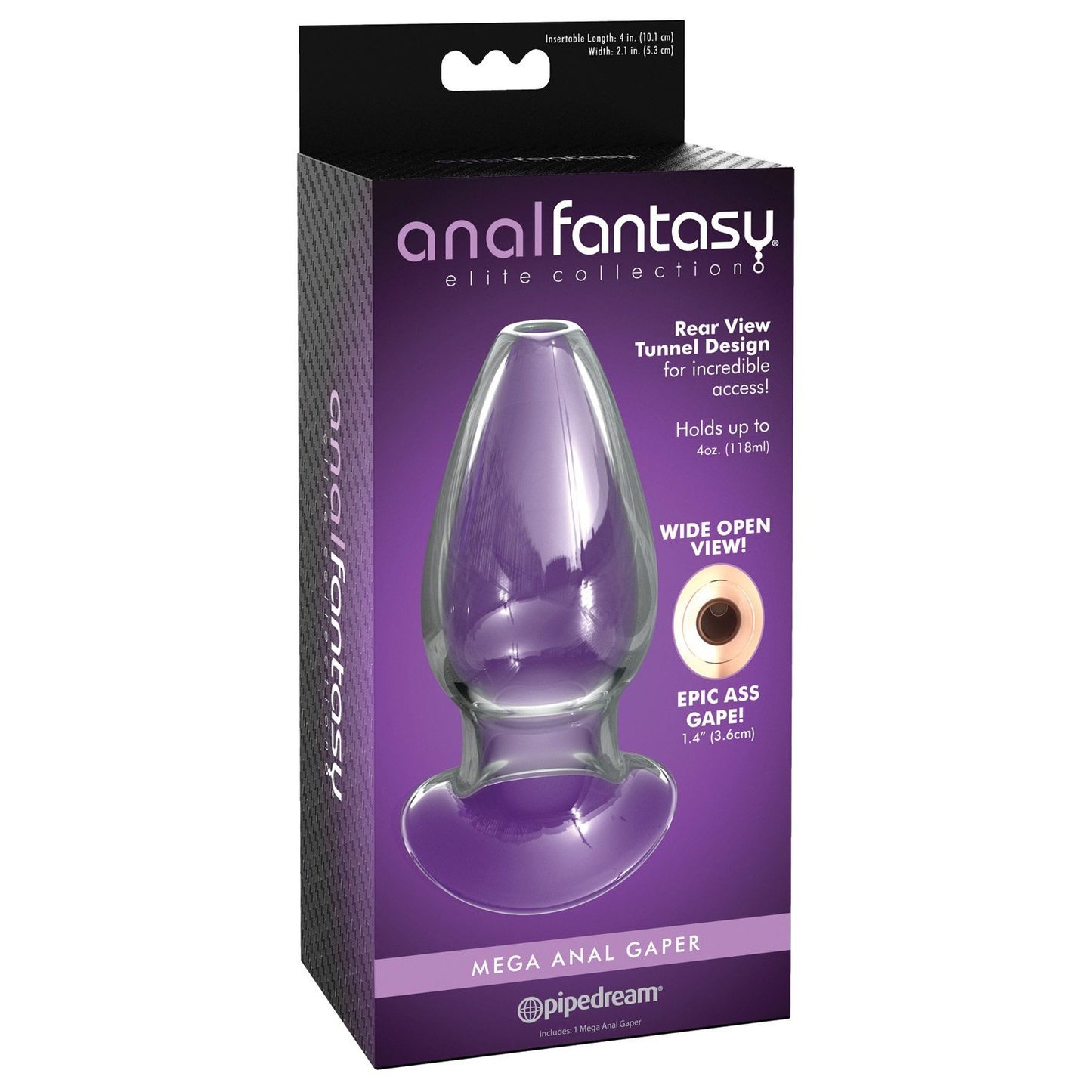 The Anal Fantasy Elite Mega Anal Glass Gaper from the Anal Fantasy brand showcases a distinctive tunnel design perfect for temperature play. It promises Pipedreams renowned quality and highlights its innovative Rear View Tunnel Design on the packaging.