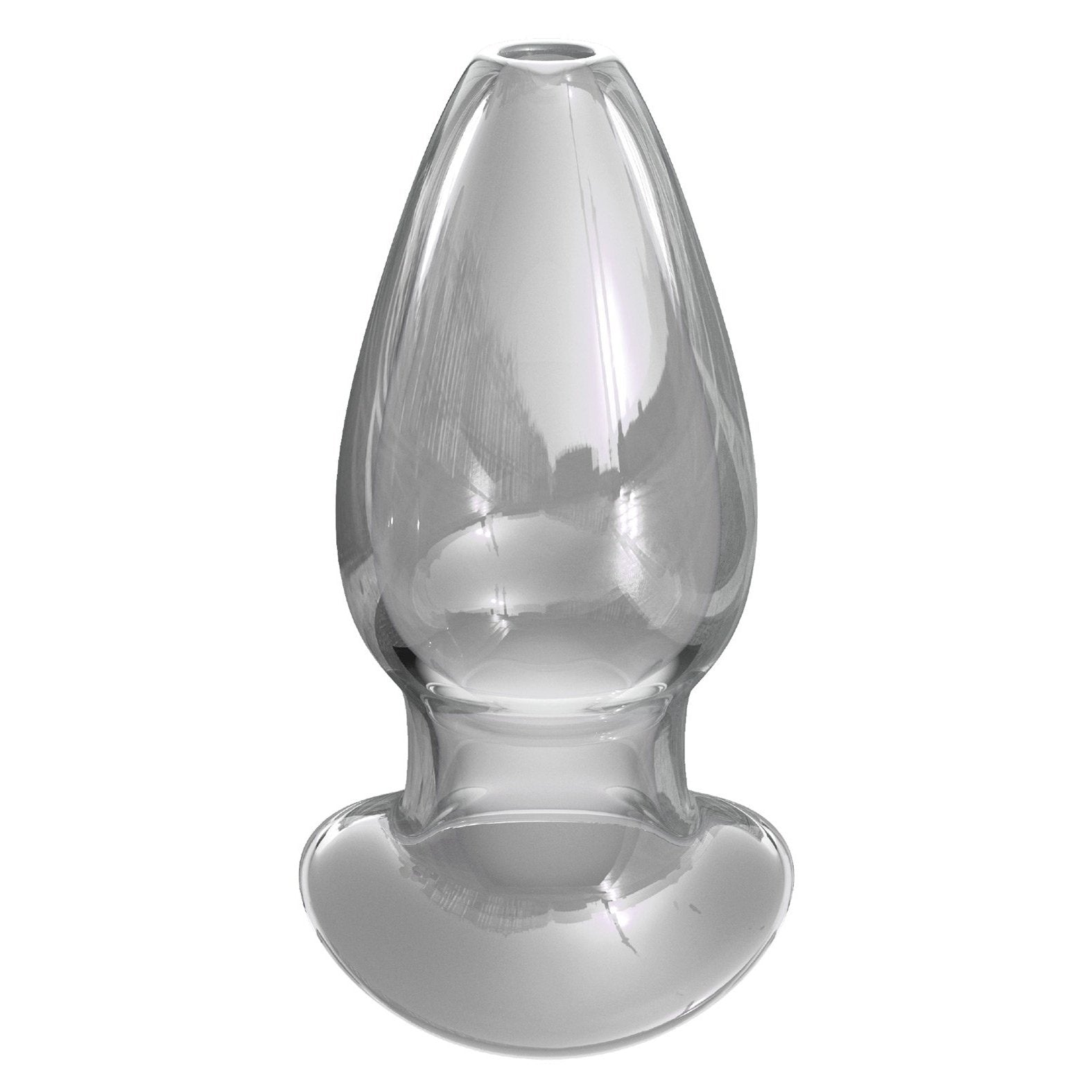 The Anal Fantasy Elite Mega Anal Glass Gaper, a transparent borosilicate glass piece with a bulbous shape and flat base, resembles a decorative object or paperweight. Its shiny, smooth surface offers intriguing reflections that invite admiration.