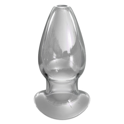 The Anal Fantasy Elite Mega Anal Glass Gaper, a transparent borosilicate glass piece with a bulbous shape and flat base, resembles a decorative object or paperweight. Its shiny, smooth surface offers intriguing reflections that invite admiration.