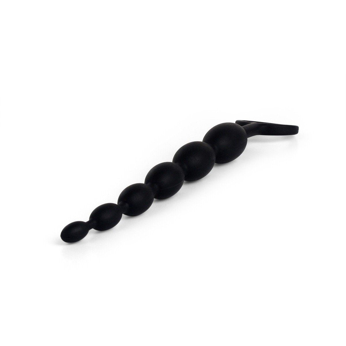 The Anal Fantasy First Time Fun Anal Beads by Pipedream features a series of progressively larger black silicone beads, ideal for beginners, connected with a loop handle for ease of use, providing a tapered effect.