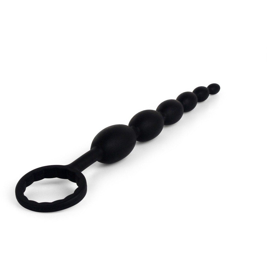 The Pipedream Anal Fantasy First Time Fun Anal Beads, ideal for beginners, showcase graduated black silicone beads with a loop handle set against a white background and include a free prep kit.