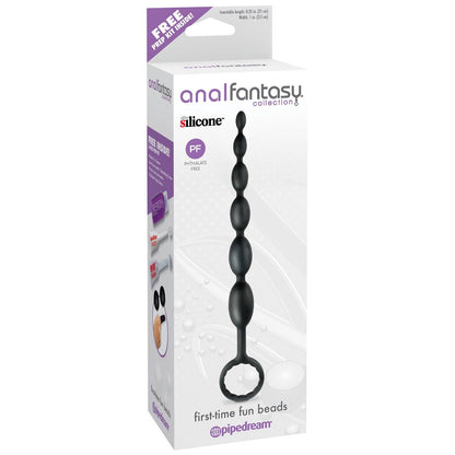 The image shows the packaging for Pipedreams Anal Fantasy First Time Fun Anal Beads. It features sleek black silicone beads with a handle, prominently phthalate-free, perfect for beginners, and includes a free prep kit.