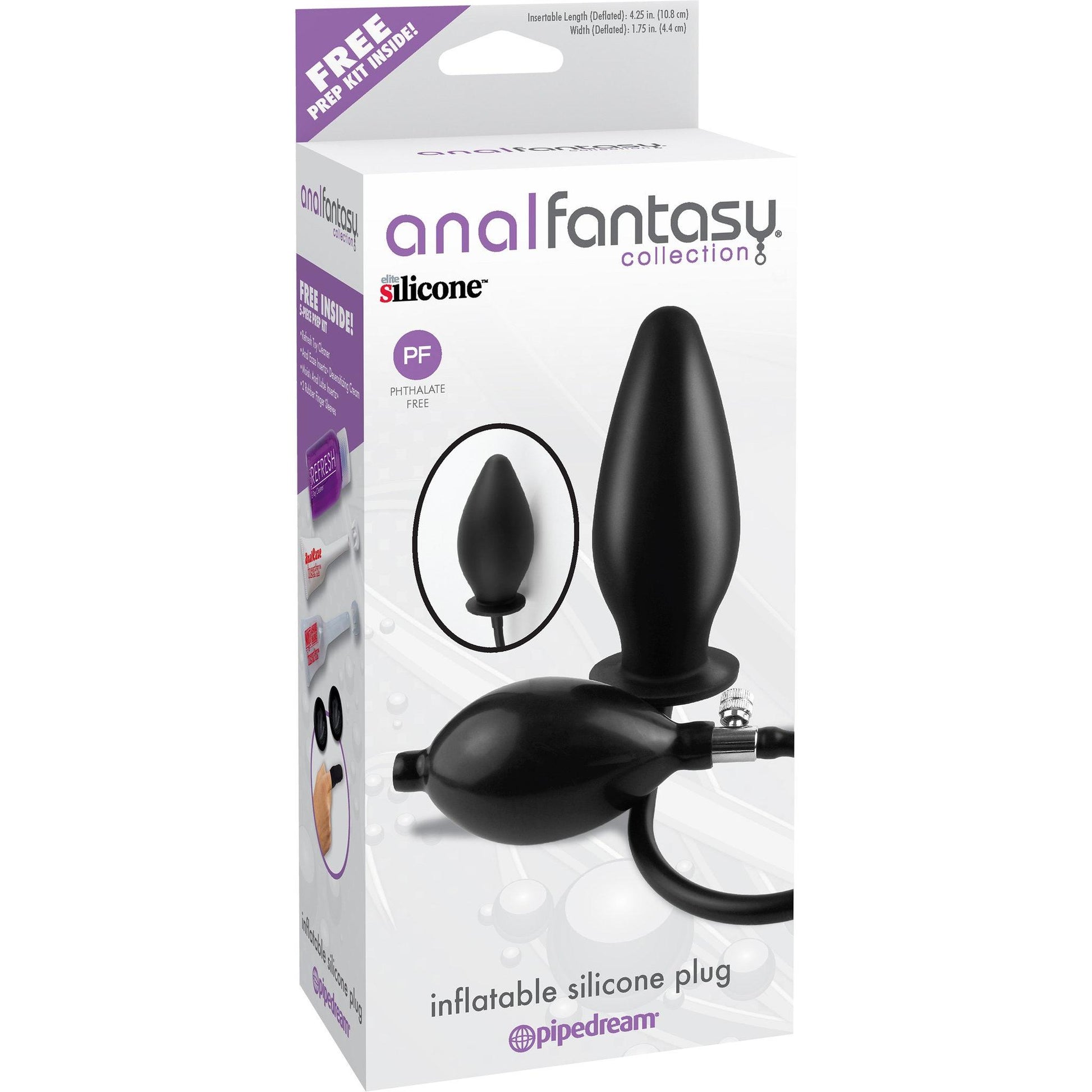 The packaging of the Anal Fantasy Inflatable Silicone Plug by Pipedream showcases a medical-style bulb pump and hose, and promises a hygienic, phthalate-free experience crafted from elite silicone.