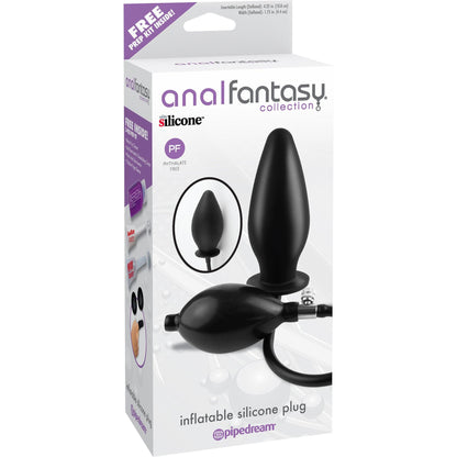 The packaging of the Anal Fantasy Inflatable Silicone Plug by Pipedream showcases a medical-style bulb pump and hose, and promises a hygienic, phthalate-free experience crafted from elite silicone.