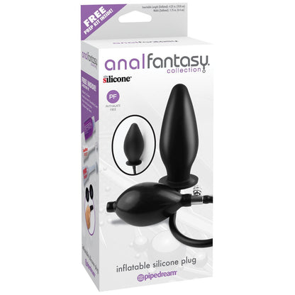 The packaging of the Anal Fantasy Inflatable Silicone Plug by Pipedream emphasizes its Hygienic Elite Silicone quality, features images of the product and medical-style bulb pump, and includes silicone and phthalate-free branding along with a free prep kit.