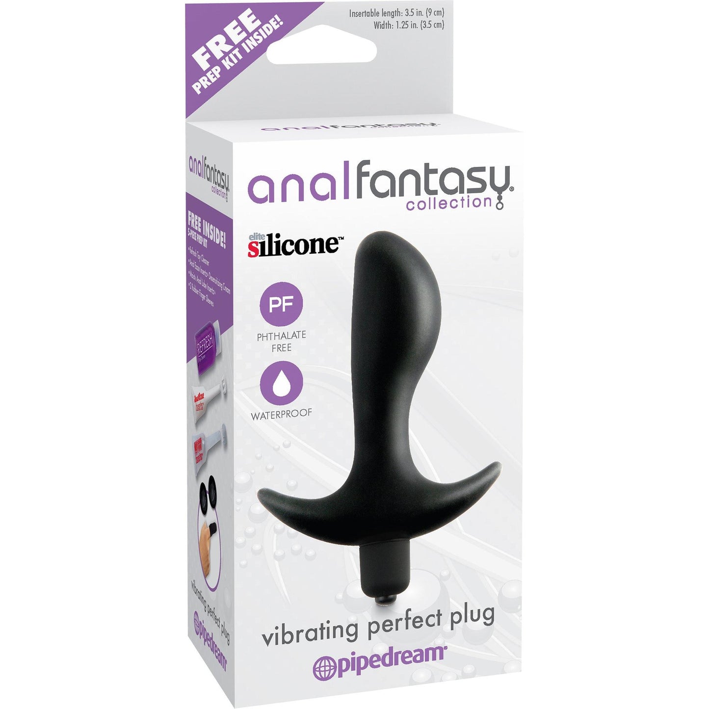 The Pipedream Anal Fantasy Vibrating Perfect Plug packaging features a black silicone plug in a white box with purple accents, emphasizing its phthalate-free and waterproof properties. It includes a 5-piece prep kit for enhanced anal pleasure.