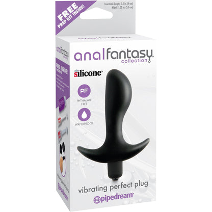 The Pipedream Anal Fantasy Vibrating Perfect Plug packaging features a black silicone plug in a white box with purple accents, emphasizing its phthalate-free and waterproof properties. It includes a 5-piece prep kit for enhanced anal pleasure.