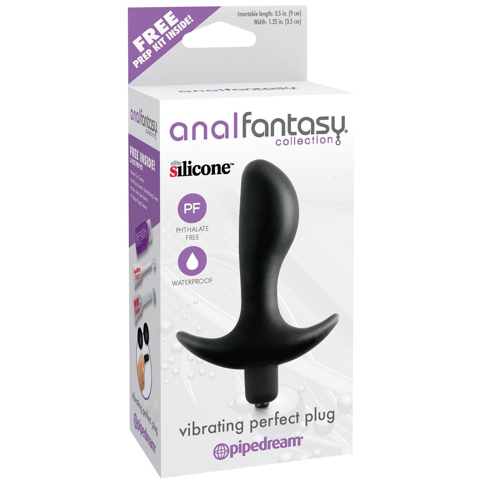 Image of packaging for Pipedreams Anal Fantasy Vibrating Perfect Plug features the label Anal Fantasy Collection. It highlights the product description: Elite Silicone, phthalate-free, waterproof, and includes a free 5-piece prep kit to enhance your anal pleasure experience.