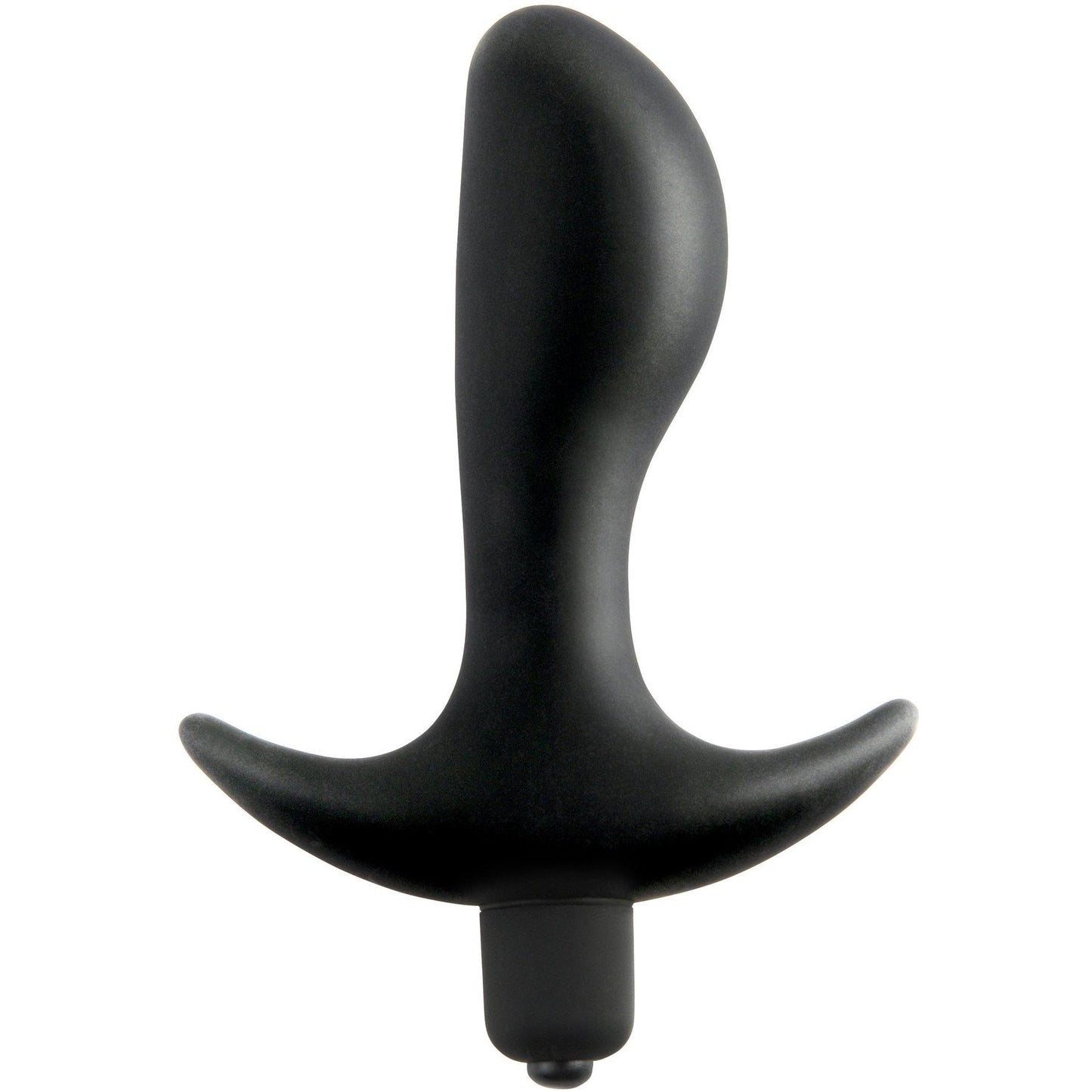 The Anal Fantasy Vibrating Perfect Plug by Pipedream boasts a sleek black design, featuring a curved profile and flared base for personal use, enhancing anal pleasure. Includes a 5-piece prep kit.
