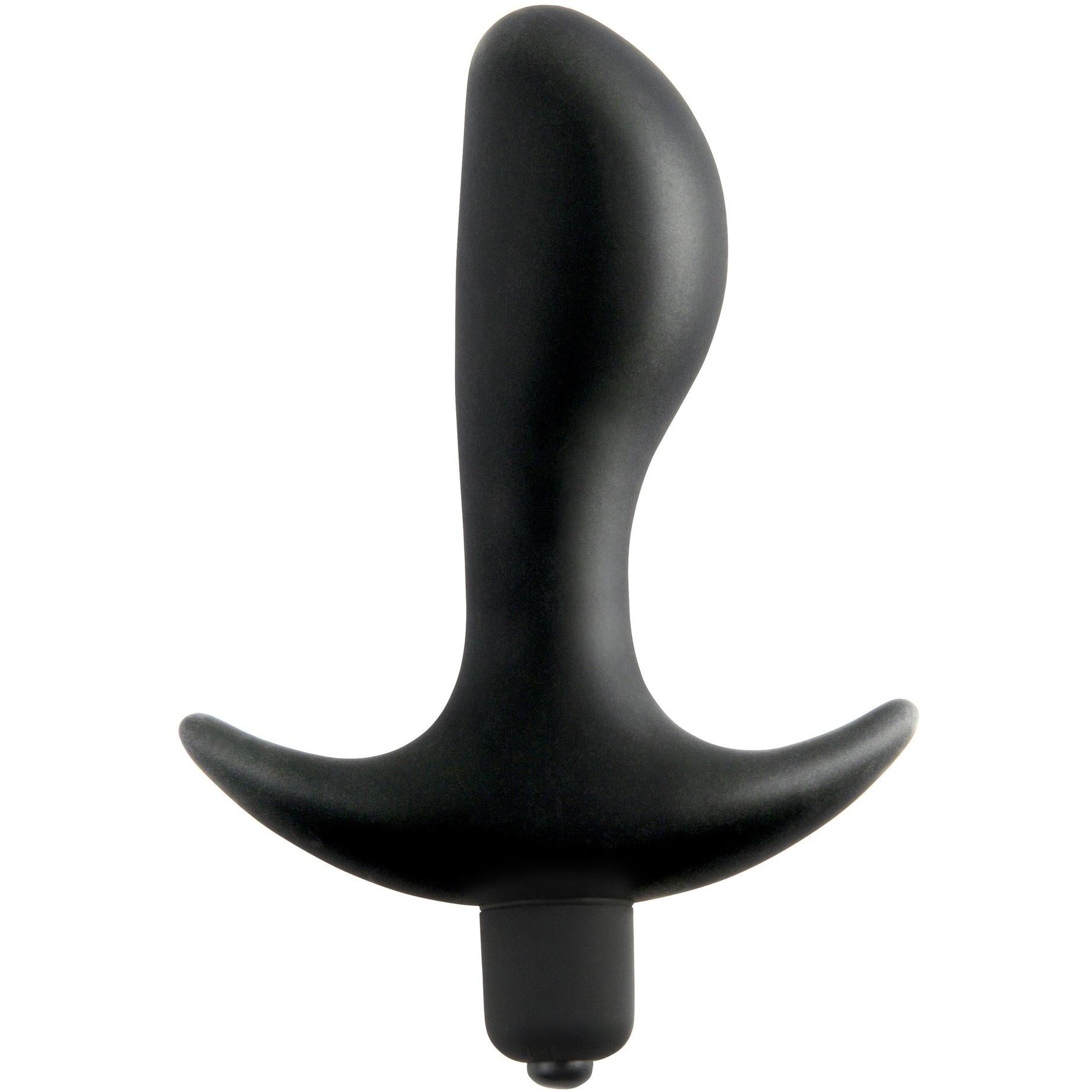 The Anal Fantasy Vibrating Perfect Plug by Pipedream boasts a sleek black design, featuring a curved profile and flared base for personal use, enhancing anal pleasure. Includes a 5-piece prep kit.