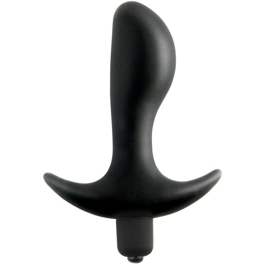 The Anal Fantasy Vibrating Perfect Plug by Pipedream boasts a sleek black design, featuring a curved profile and flared base for personal use, enhancing anal pleasure. Includes a 5-piece prep kit.