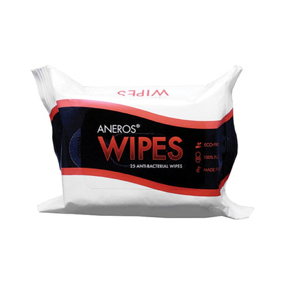 The image displays a package of Aneros Anti-Bacterial Wipes. The packaging is predominantly white with a striking black and red center label. This eco-friendly product, suitable for all skin types, contains 25 wipes.