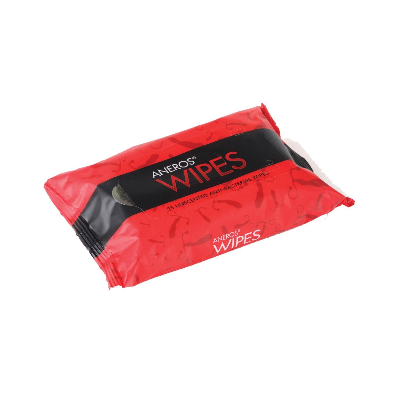 A sleek black and red pack labeled Aneros Anti-Bacterial Wipes contains 25 eco-friendly, unscented wipes.