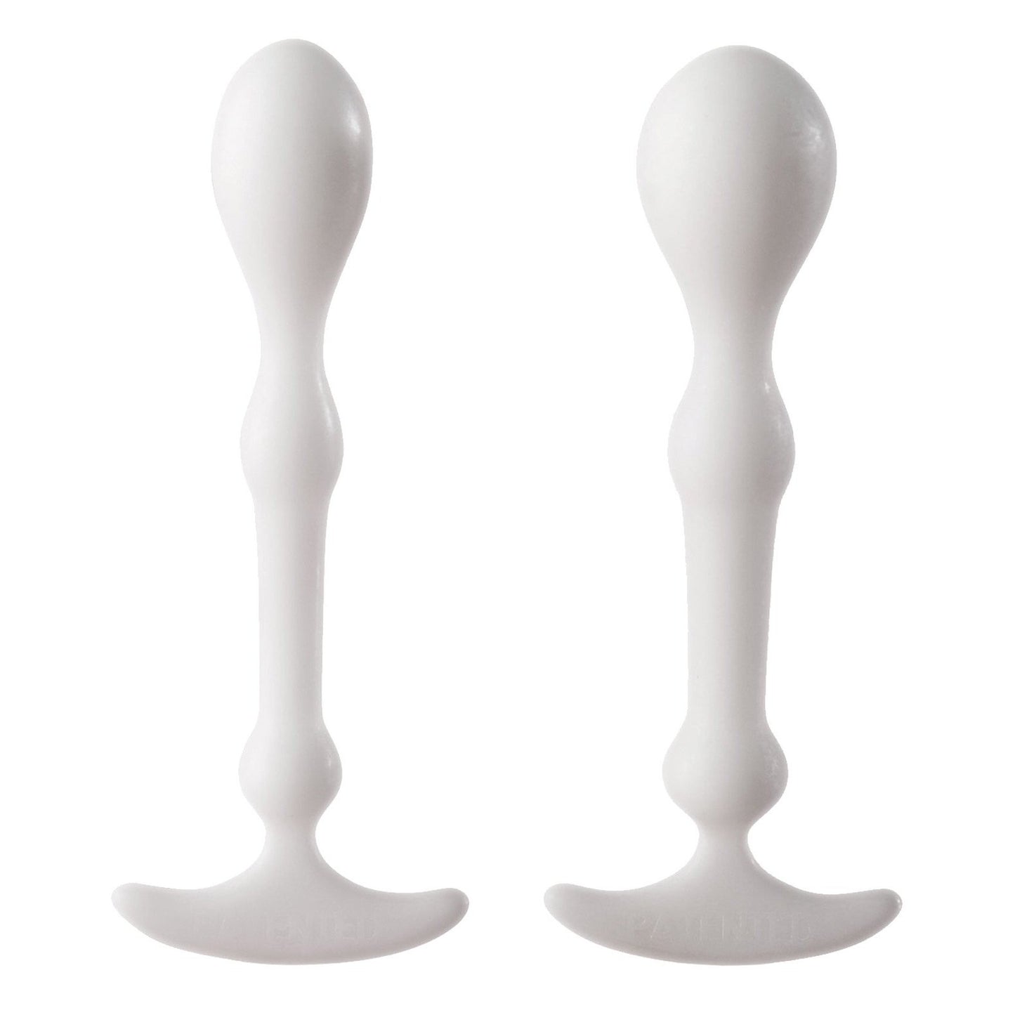 Two white, elongated plastic objects with a curved base stand upright side by side; designed for anal play, featuring a smooth surface and bulbous top tapering in the middle, reminiscent of the Aneros Peridise Set - Pack of 2.
