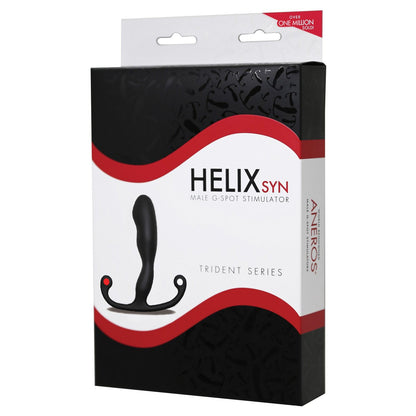 The image shows the packaging for the Aneros Trident Series Prostate Stimulator Helix Syn. The box features a sleek black and red design with white text, highlighting its status as a top prostate massager with Over One Million Sold.