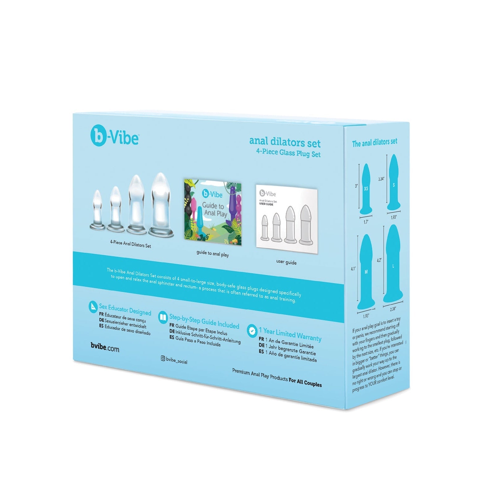 Image of the b-Vibe Glass Anal Dilator 4 pc Set box, featuring four hypoallergenic, body-safe glass plugs ideal for temperature play. Includes storage bag and anal play guide. Box highlights include tapered tips and a 1-year limited warranty.