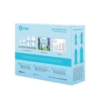 Image of the b-Vibe Glass Anal Dilator 4 pc Set box, featuring four hypoallergenic, body-safe glass plugs ideal for temperature play. Includes storage bag and anal play guide. Box highlights include tapered tips and a 1-year limited warranty.