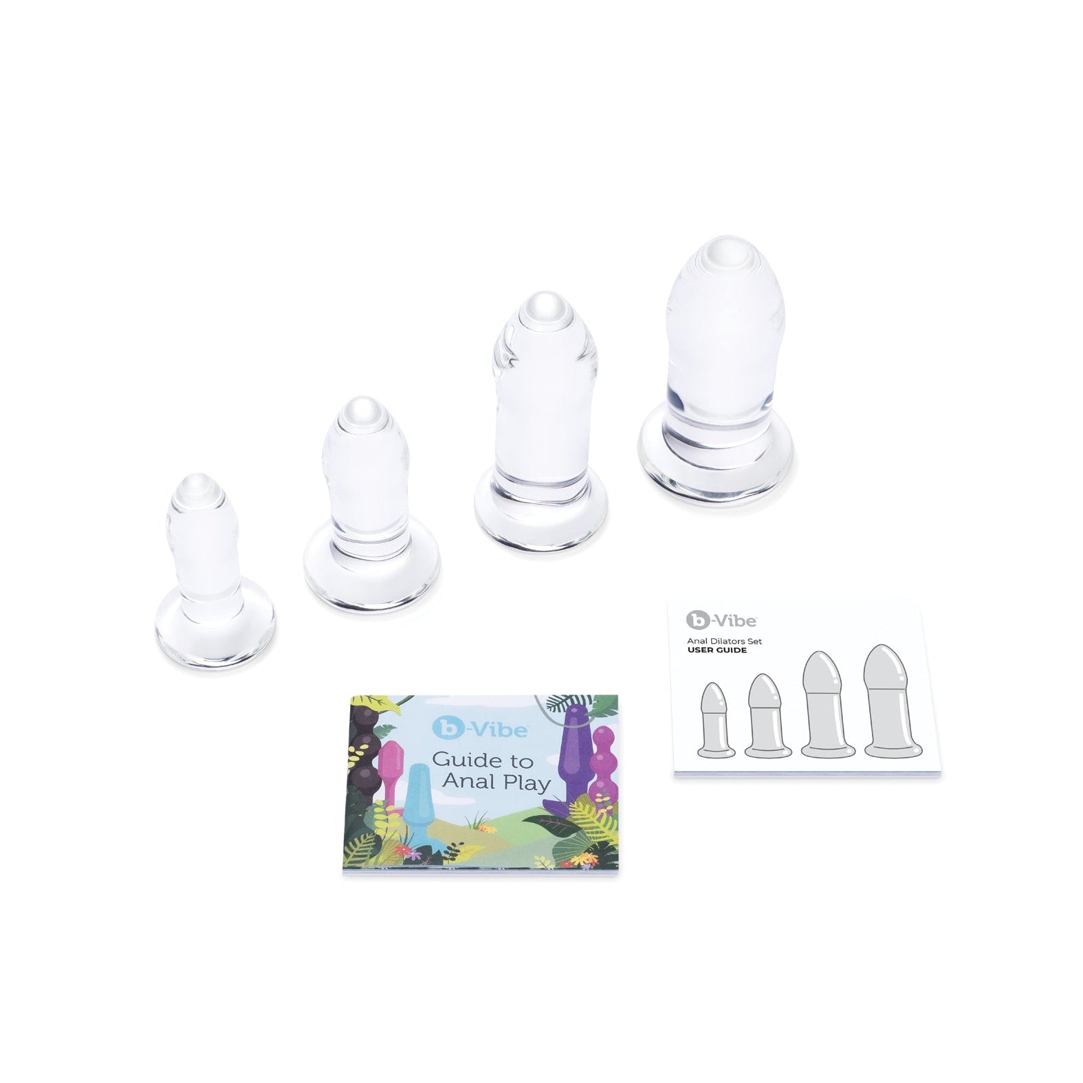 The b-Vibe Glass Anal Dilator 4 pc Set by b-vibe includes four clear, graduated glass dilators with a Guide to Anal Play booklet and a size card. Made from hypoallergenic, body-safe materials, theyre ideal for temperature play enthusiasts.
