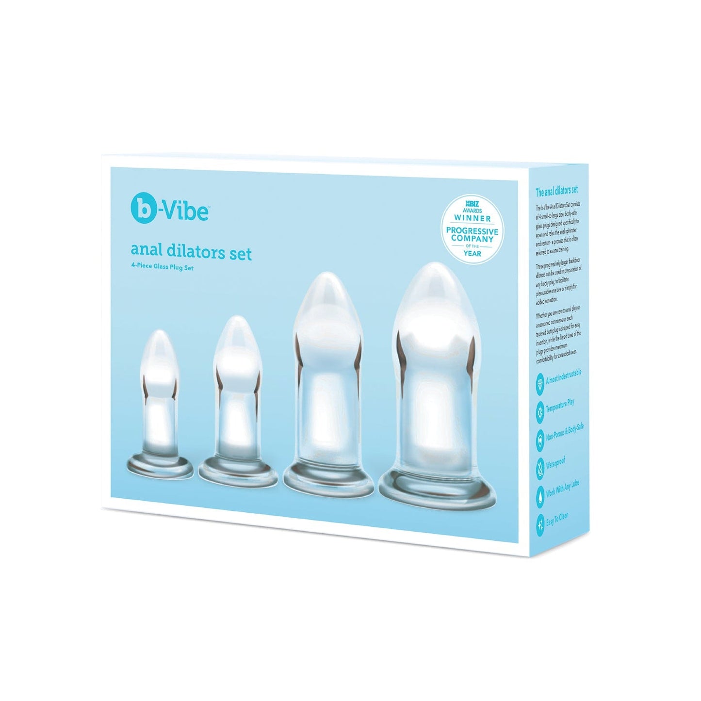 The b-Vibe Glass Anal Dilator 4 pc Set packaging features four transparent, hypoallergenic body-safe glass plugs in varying sizes, ideal for temperature play. It highlights the products accolades like Sex Innovation Product of the Year on the front.