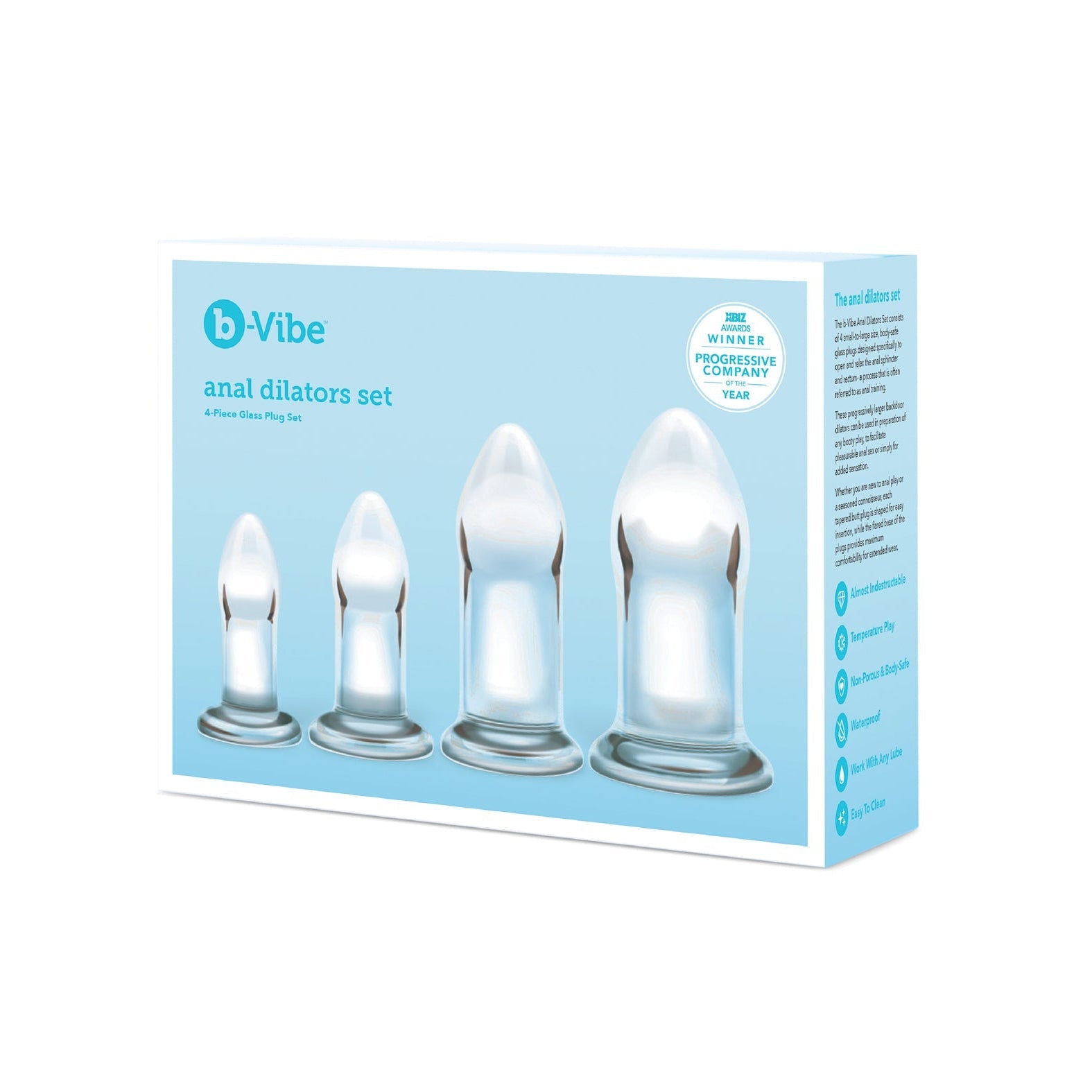 The b-Vibe Glass Anal Dilator 4 pc Set packaging features four transparent, hypoallergenic body-safe glass plugs in varying sizes, ideal for temperature play. It highlights the products accolades like Sex Innovation Product of the Year on the front.