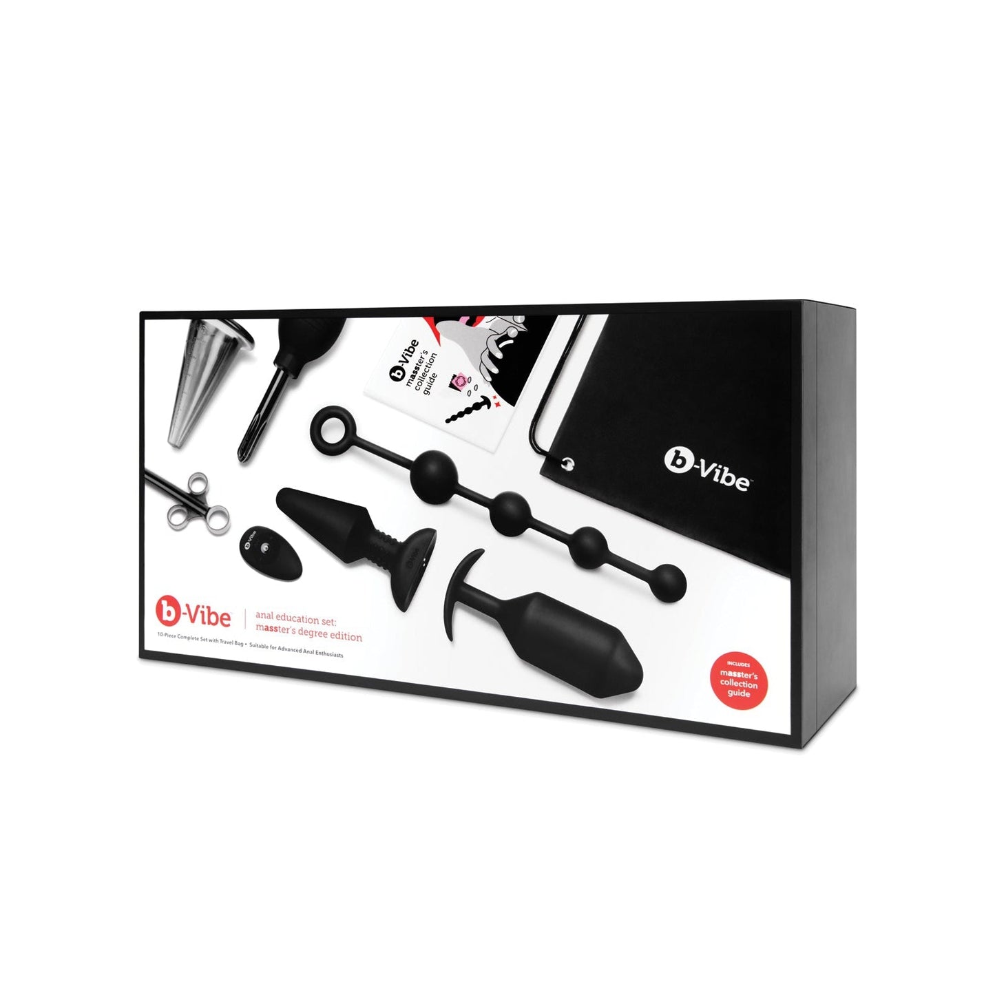 The b-vibe Massters Degree Edition Anal Education Set, ideal for beginners in anal play, features a plug with a handle, a beaded tool, and an informational booklet—all elegantly packaged in sleek black to enhance anal pleasure.