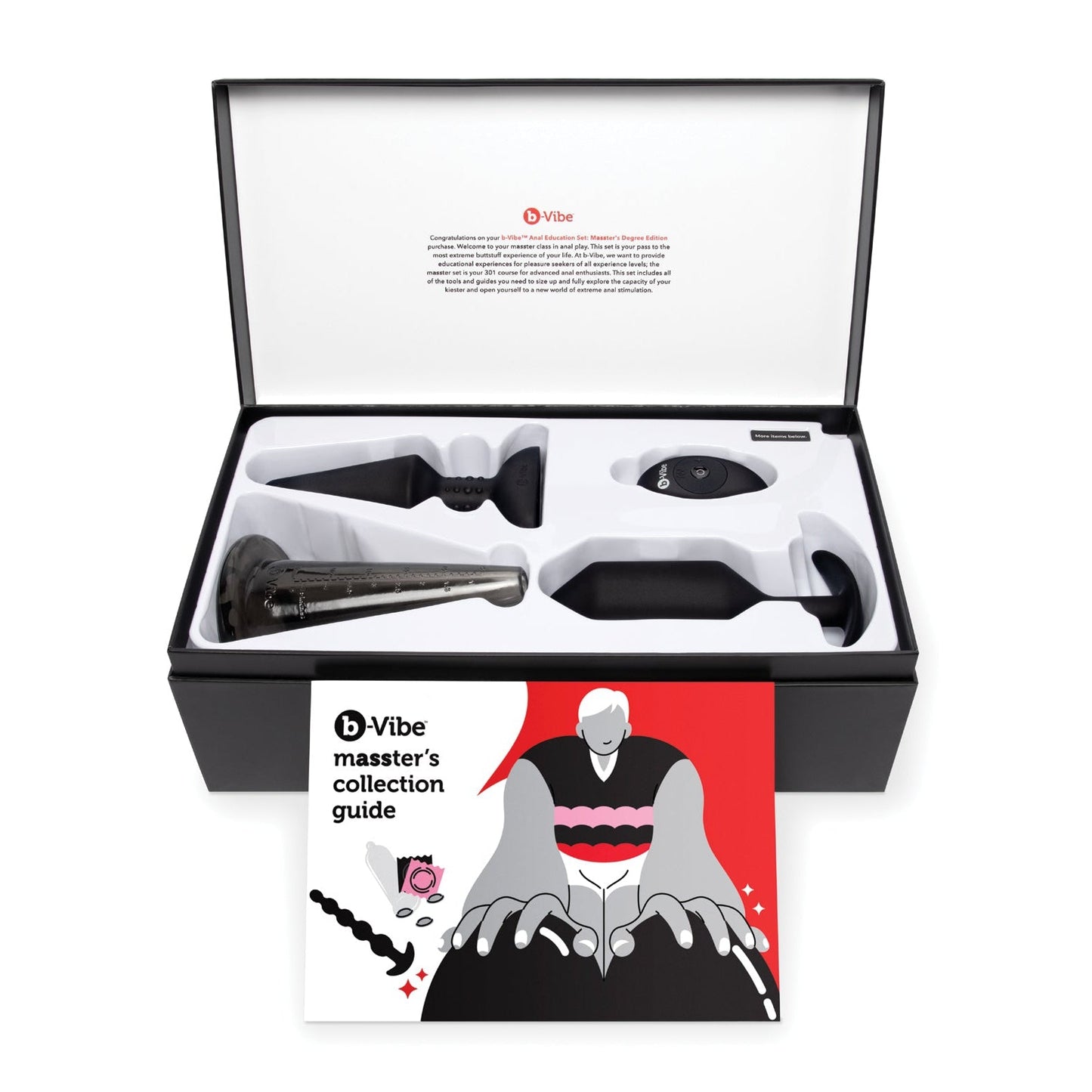 Open a black box revealing the b-Vibe Massters Degree Edition Anal Education Set. The guidebook b-Vibe Masseters Collection Guide is prominently displayed, with tools neatly arranged in white molded packaging and the interior lid featuring tips on enhancing your anal pleasure experience.