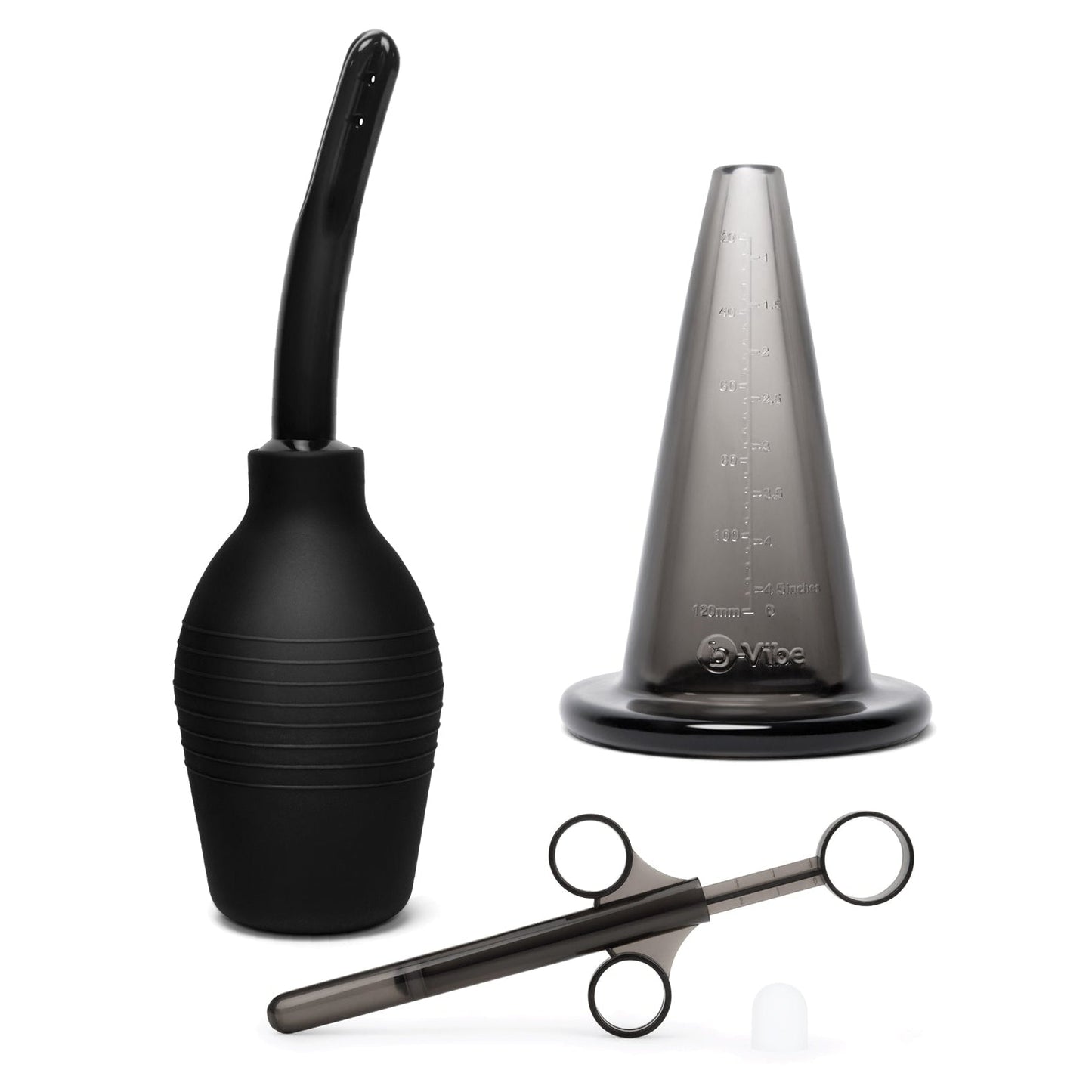 The b-Vibe Massters Degree Edition Anal Education Set by b-vibe features a sleek black bulb syringe with a nozzle, a translucent measuring cone, and a medical-style syringe with dual finger rings. All are designed to enhance anal pleasure against a pristine white background.