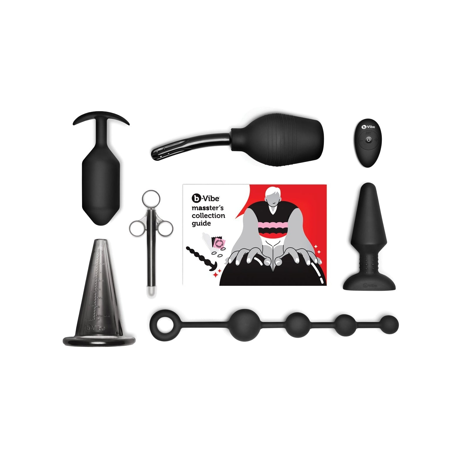 The b-Vibe Massters Degree Edition Anal Education Set, a collection of black toys for anal pleasure, includes an anal plug, bulb, remote, ringed beads, syringe-like tool, and flared device. At the center is a red and white guidebook titled Masters Collection Guide.
