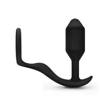 The b-Vibe Snug & Tug Weighted Silicone Prostate Massager and Penis Ring features a smooth, curved design for intense prostate orgasms. It includes a rounded tip and ergonomic handle. Paired with the cock ring, it offers an unparalleled experience against a simple white surface background.
