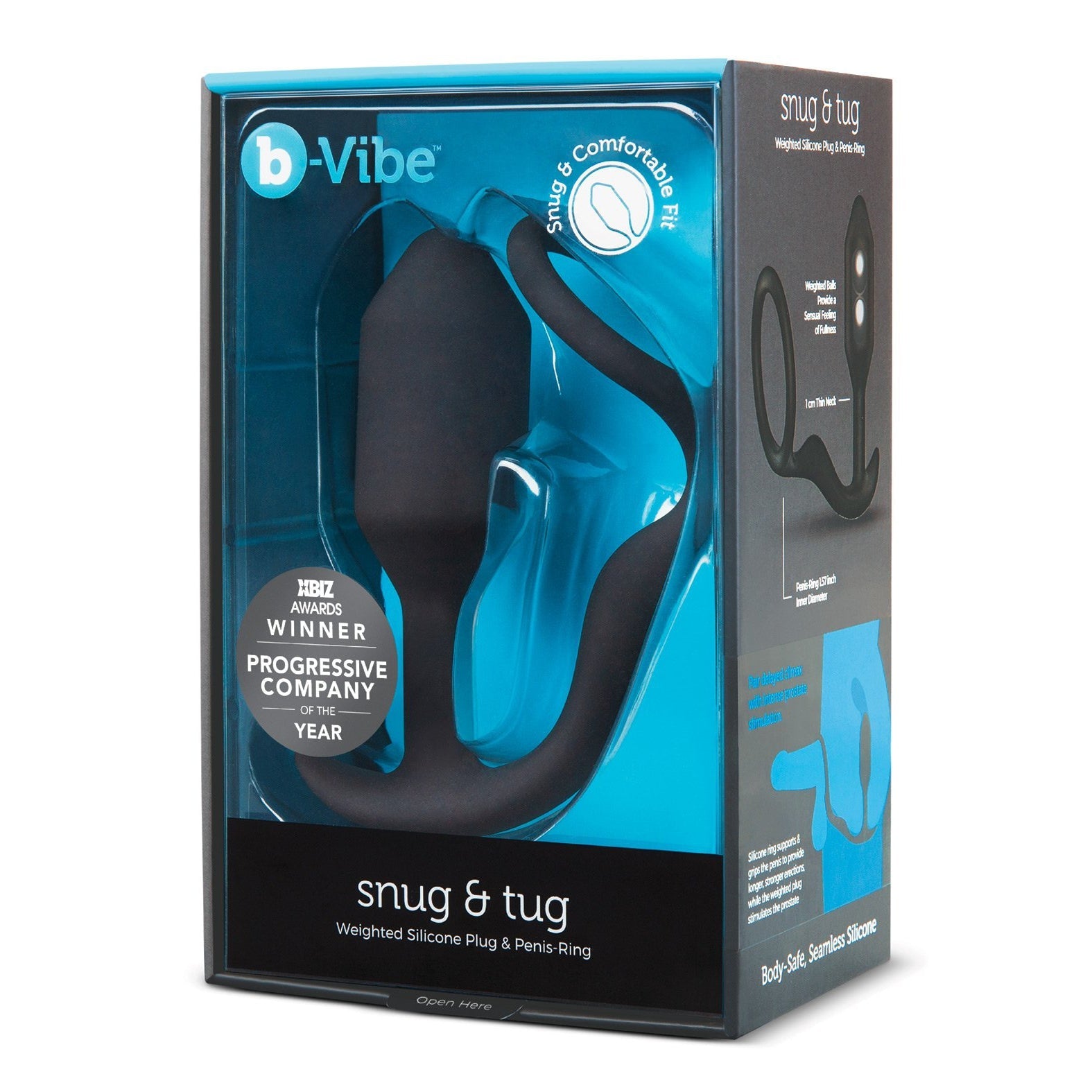 The image features b-Vibe Snug & Tug Weighted Silicone & Penis Ring by b-vibe, highlighting a weighted plug and cock ring for snug fit, enhanced prostate orgasms, and comfortable use, marked with an award-winning label.