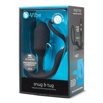The image features b-Vibe Snug & Tug Weighted Silicone & Penis Ring by b-vibe, highlighting a weighted plug and cock ring for snug fit, enhanced prostate orgasms, and comfortable use, marked with an award-winning label.
