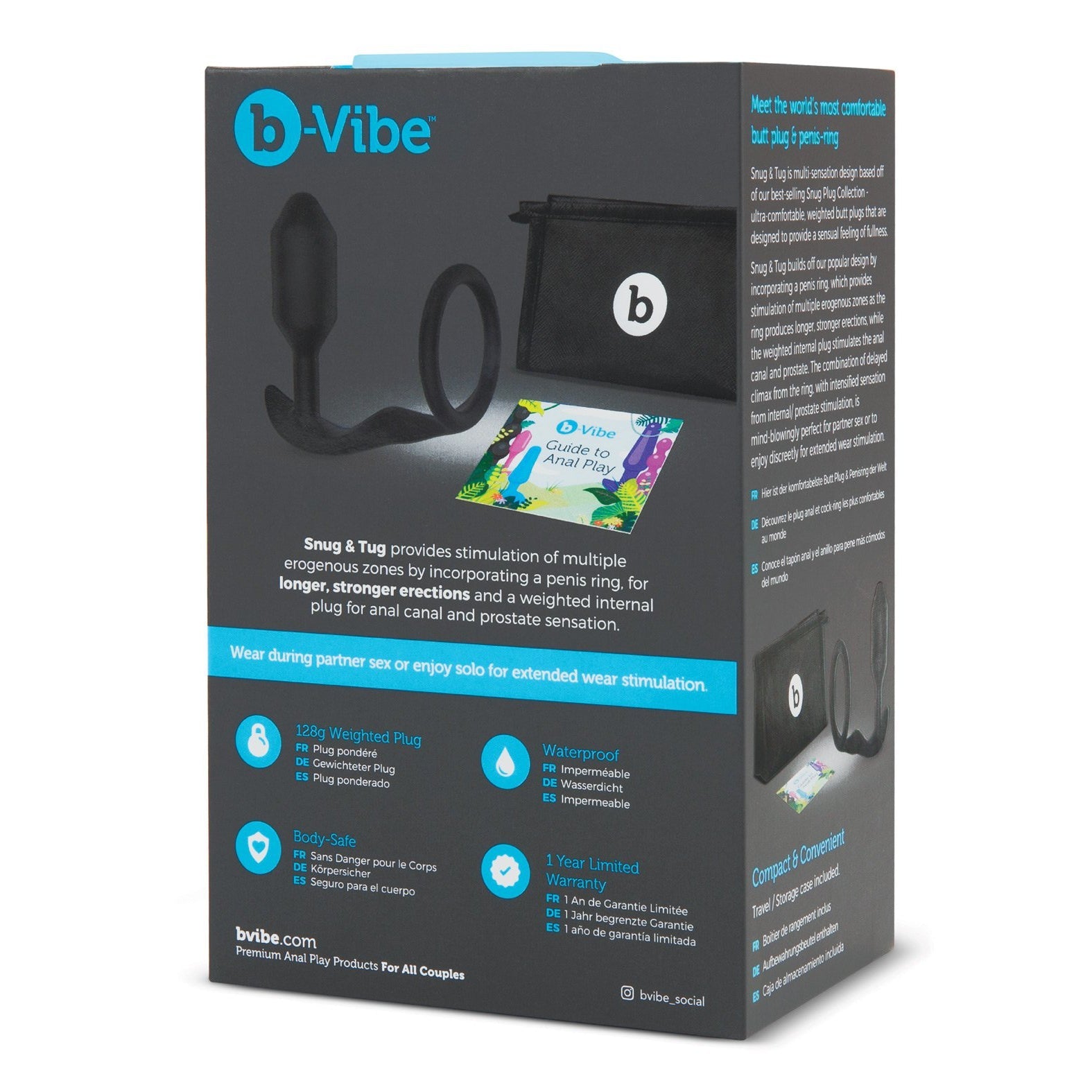 The image displays the packaging of the b-vibe product, featuring the b-Vibe Snug & Tug Weighted Silicone & Penis Ring in striking black and teal. It highlights this weighted plug and cock ring combo designed to boost prostate orgasms, complete with detailed product images and usage instructions.