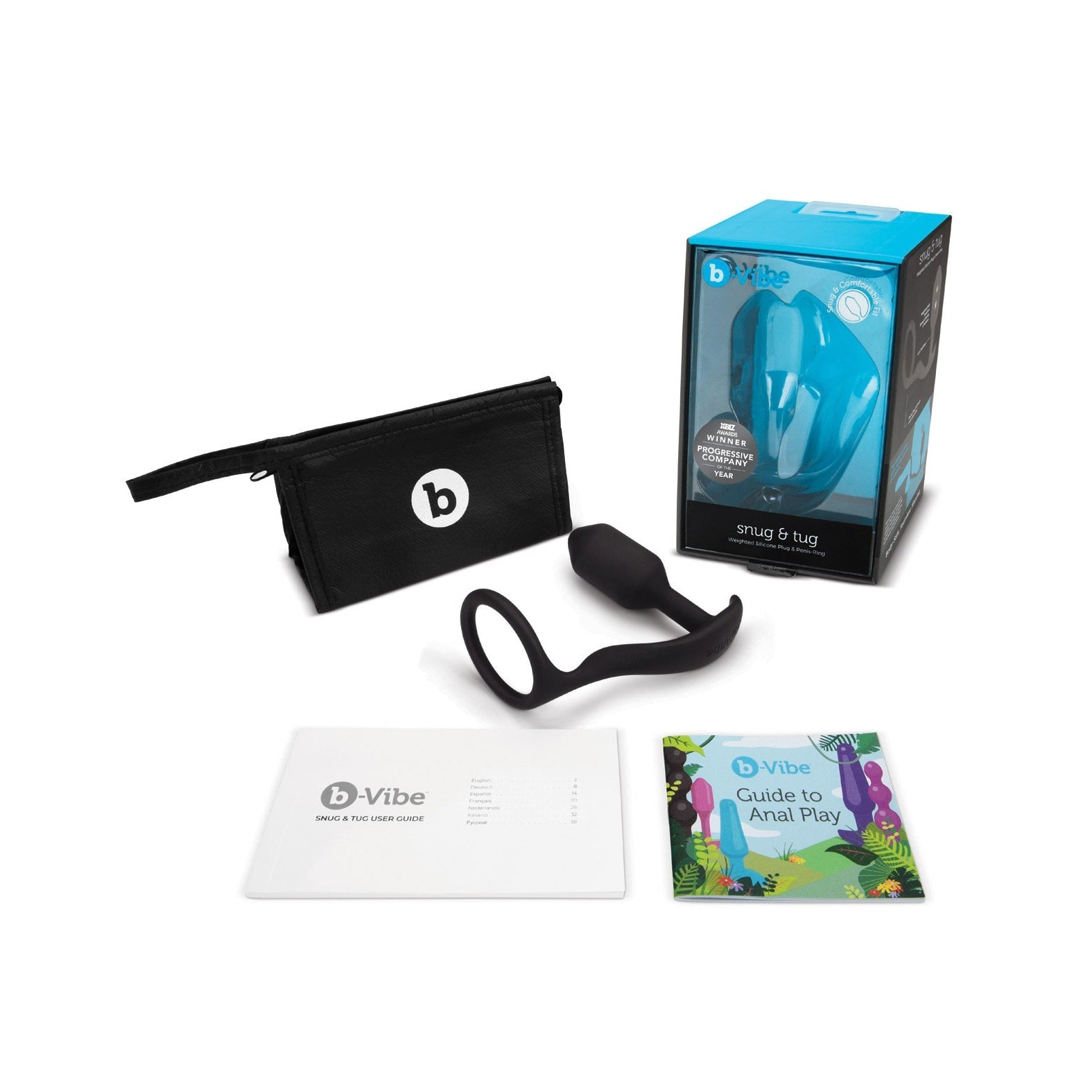 Explore the b-vibe Snug & Tug Weighted Silicone & Penis Ring, complete with a black anal plug and loop handle, a sleek zippered storage pouch, a product box, an instruction manual, and a vibrant guide to prostate orgasms for an elevated experience.