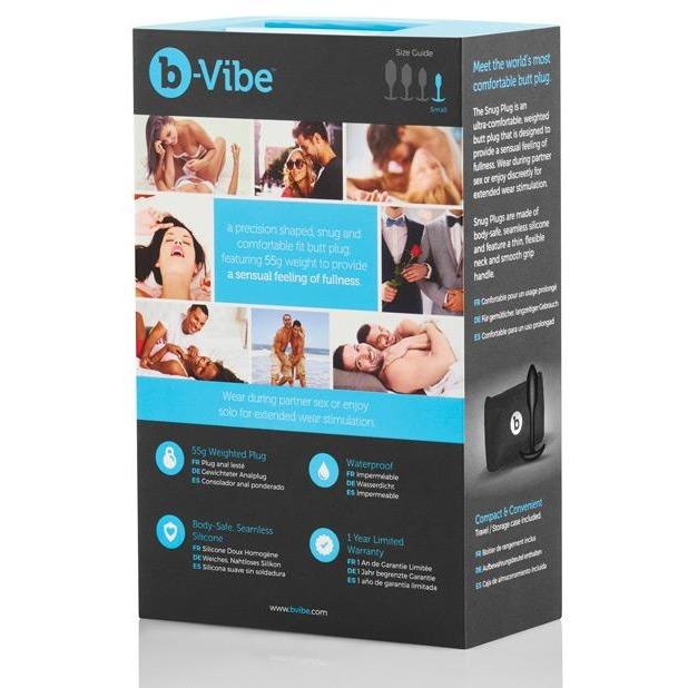 The B-Vibe Snug Butt Plug 1 packaging features images of couples and highlights its body-safe, 100% silicone design. Its waterproof with a 55g weighted plug for comfort and sensory pleasure, plus a 1-year warranty for peace of mind.