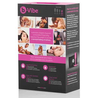 The packaging of the B-Vibe Snug Butt Plug 1 by b-vibe features product images, a snug fit, 100% body-safe silicone, a waterproof design, and a one-year warranty. It also includes various lifestyle images and engaging promotional text.