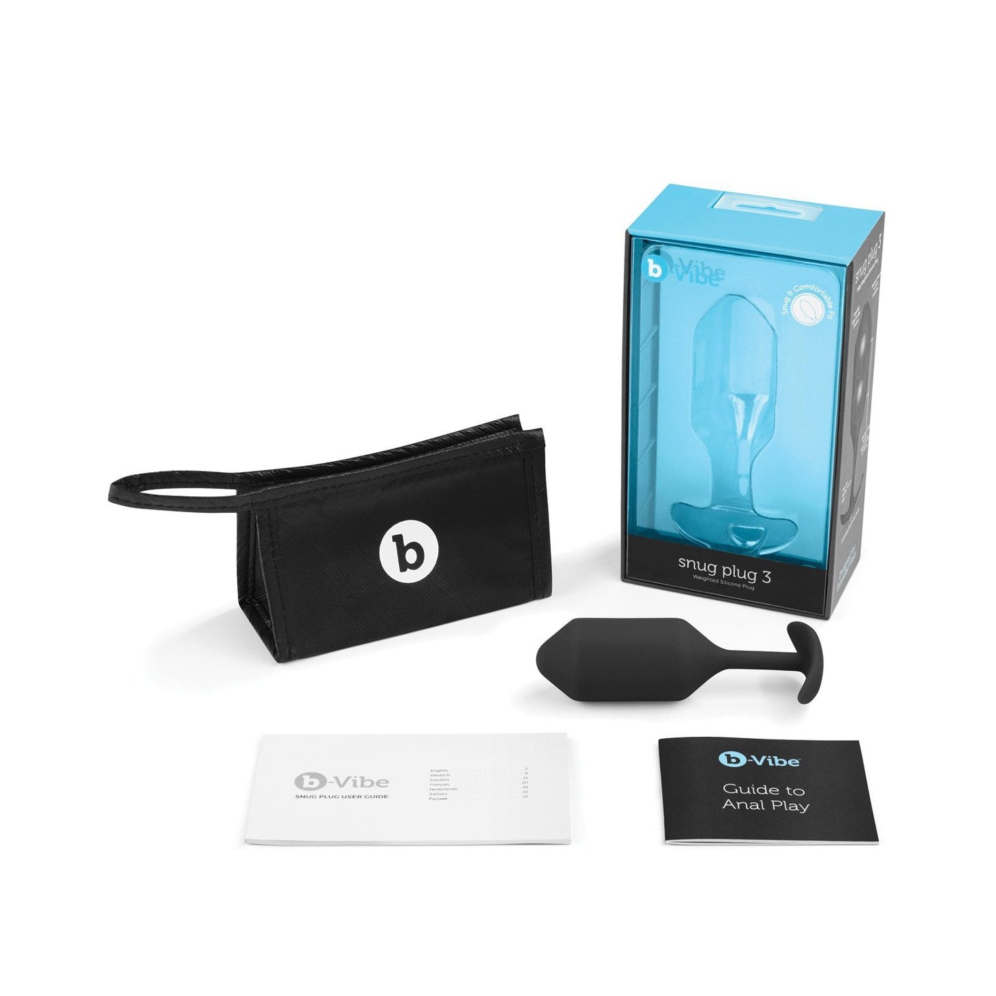 The image features the body-safe b-Vibe Snug Plug 3, a dark silicone weighted plug set. It includes a black storage pouch, user manual, and Guide to Anal Play. The product is presented in a beautifully designed blue and white box by the brand b-vibe.