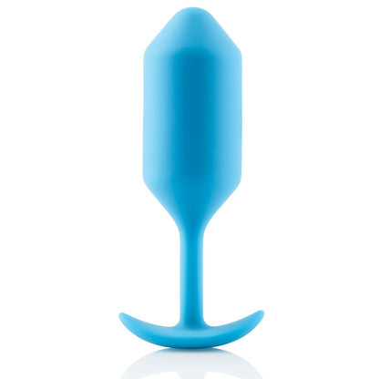 The b-Vibe Snug Plug 3, a blue silicone anal plug with a smooth, tapered design from b-vibe, offers a body-safe, weighted structure for comfort and pleasure. Its curved base ensures safety while it reflects light on a plain white background.