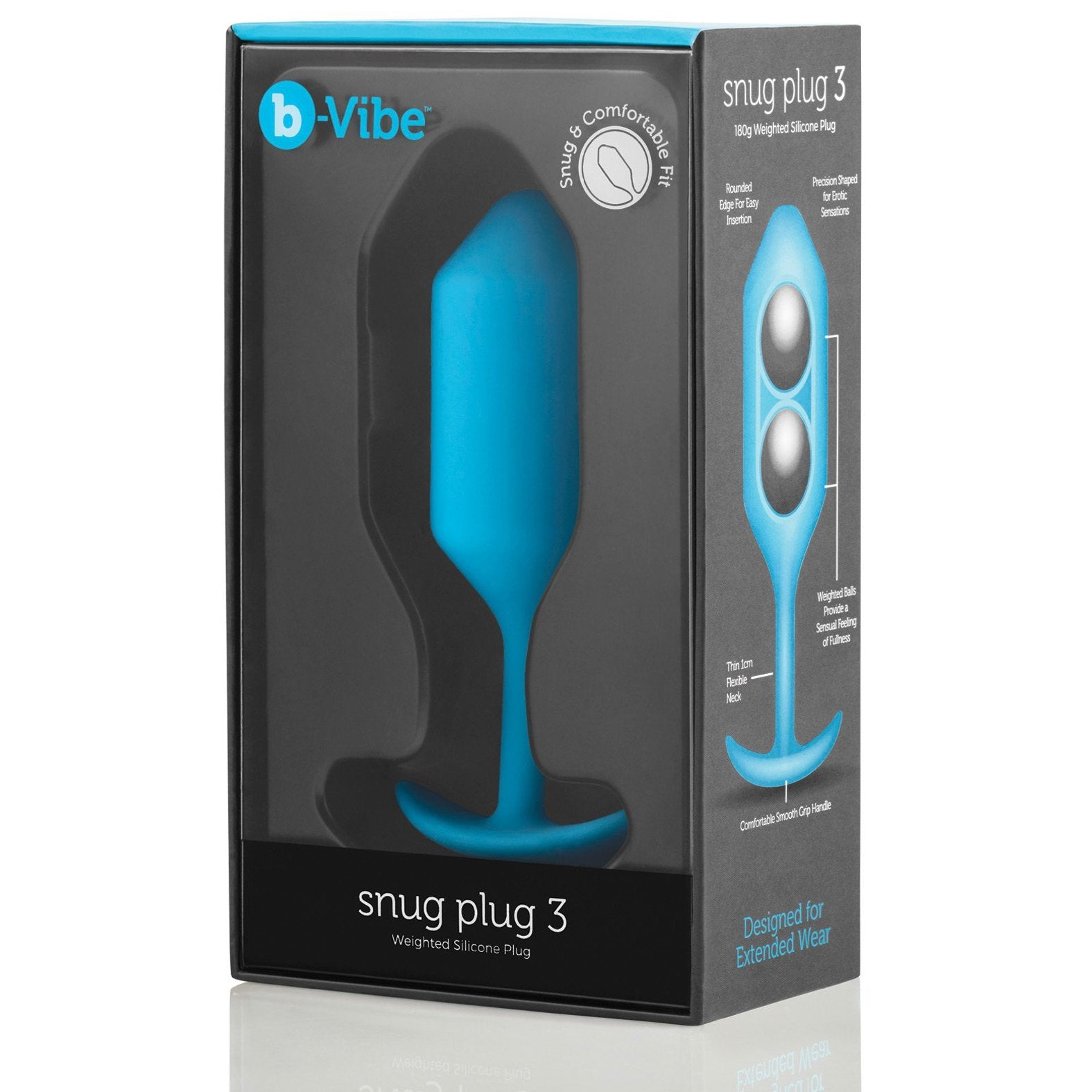 The packaging for the b-Vibe Snug Plug 3 features a blue weighted silicone plug by b-vibe, crafted for a body-safe, snug fit offering comfort and extended wear. The box emphasizes its innovative weighted design and ergonomic comfort.