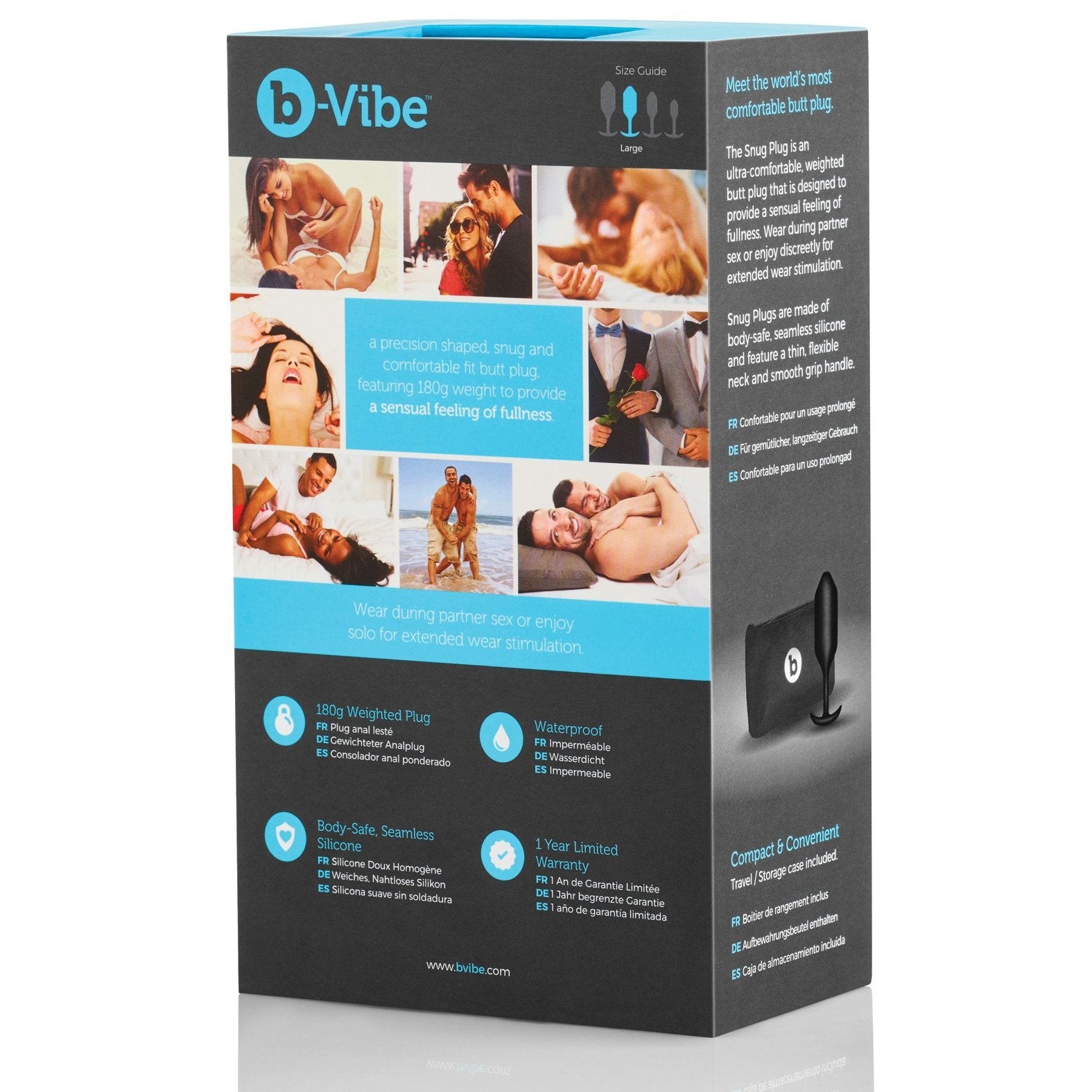 Box of b-vibes Snug Plug 3 features user images and emphasizes its body-safe, waterproof materials along with its weighted design for ultimate comfort and a satisfying feeling of fullness.