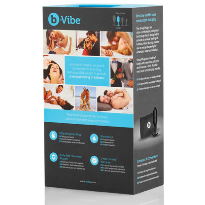 Box of b-vibes Snug Plug 3 features user images and emphasizes its body-safe, waterproof materials along with its weighted design for ultimate comfort and a satisfying feeling of fullness.